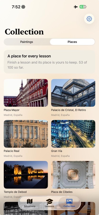 The Collection tab showing unlocked Spanish places