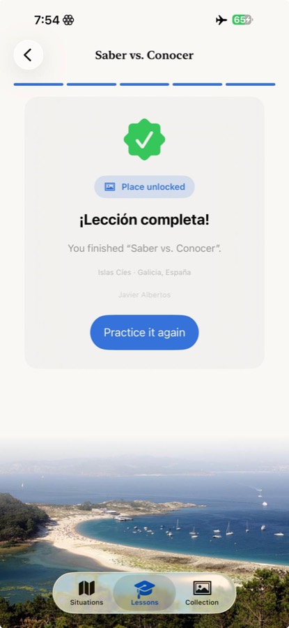 A finished lesson with the place just unlocked