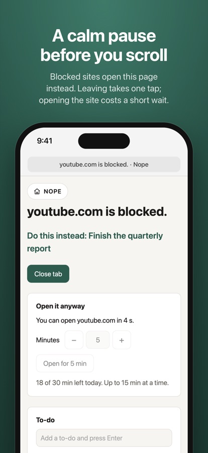 The pause page for a blocked site, with Do this instead and Close tab