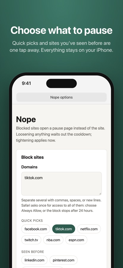 Blocking sites from quick picks and sites seen before